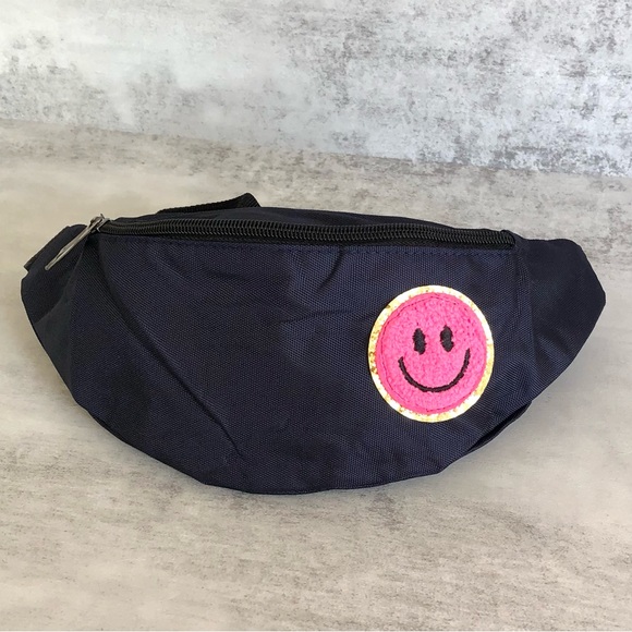 Navy Blue Fanny Pack Crossover Waist Bag Satchel with Hot Pink Smile fac… - Picture 3 of 10